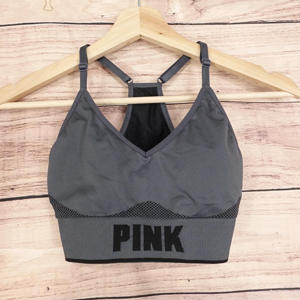 PINK Sport Sports Bra Womens S Gray Seamless Mesh Logo Band Racerback Athletic